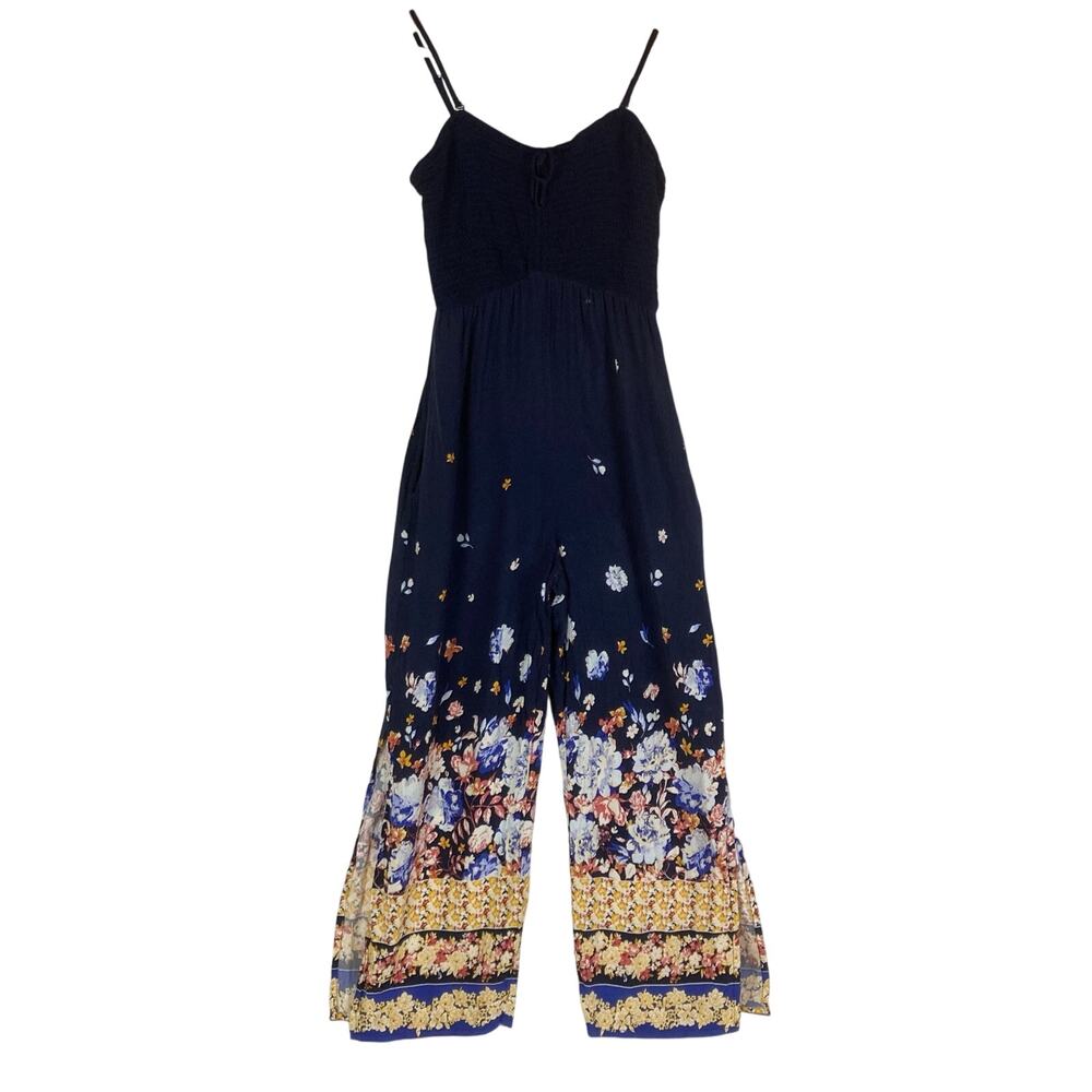 Maurices Smocked Jumpsuit Blue S Floral Pockets Wide Leg Slits Spaghetti Straps